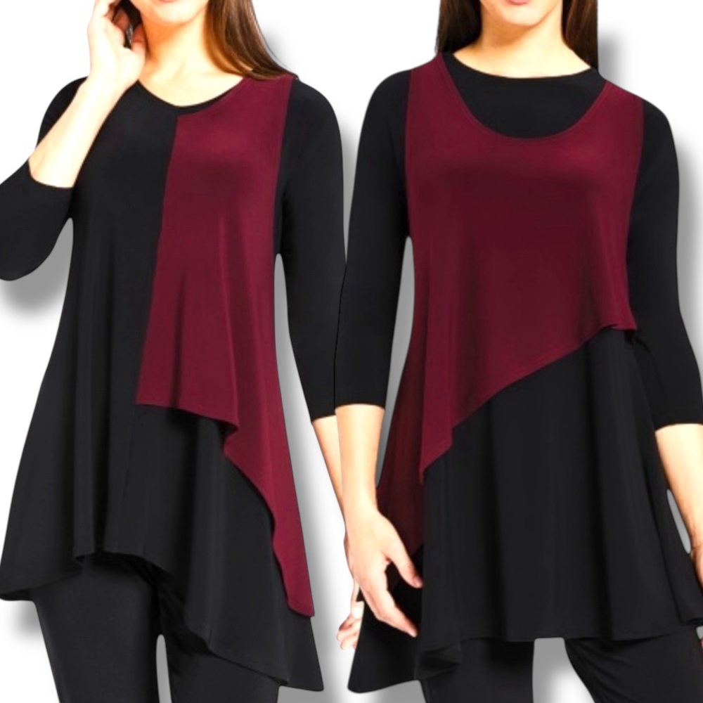 Sympli Matrix Flip Top Reversible Asymmetrical Tunic Black Wine Jersey